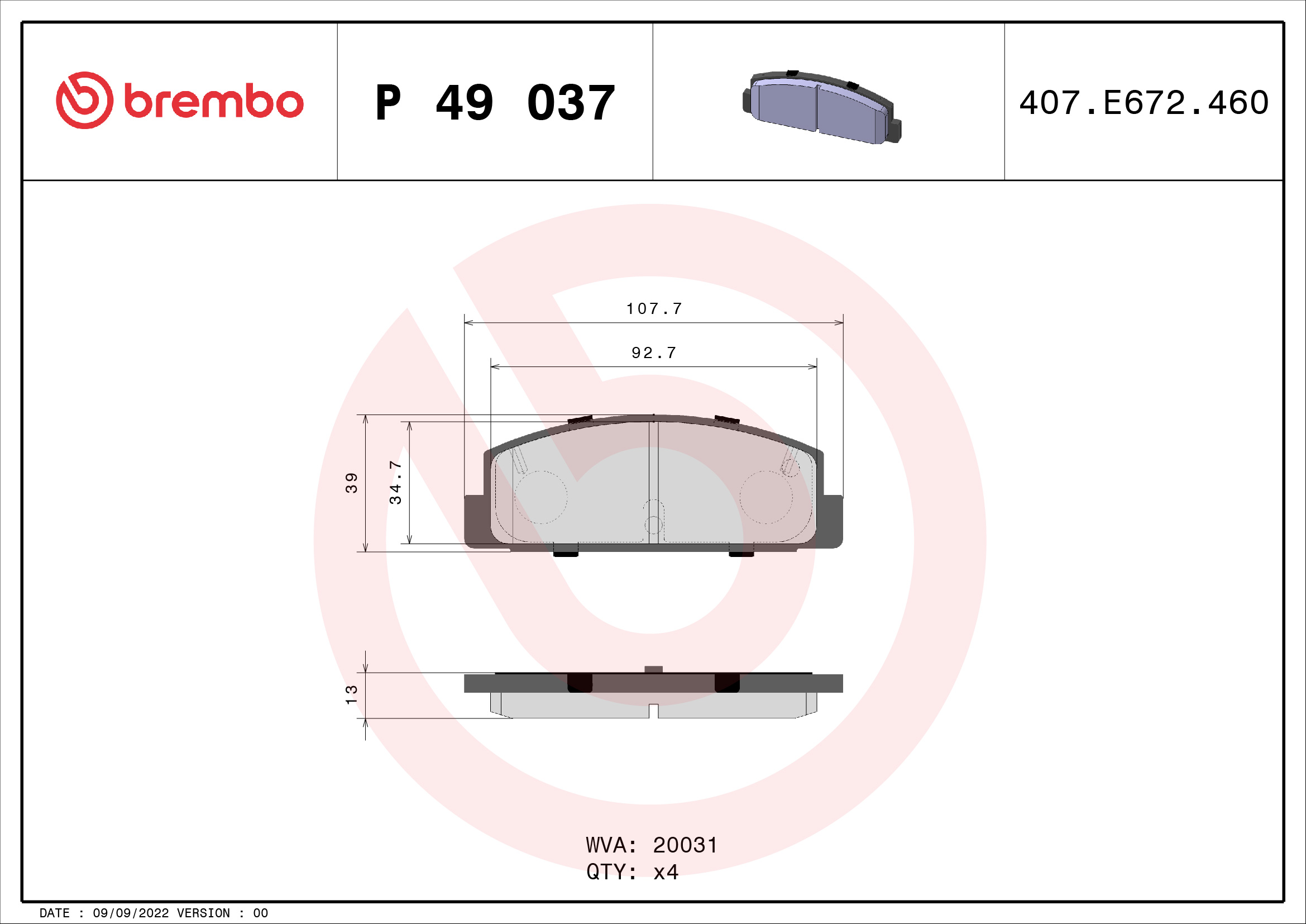 A.B.S. P 49 037 BREMBO Bremsbelagsatz, Scheibenbremse